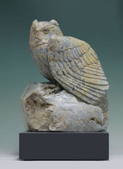 Watchful Waiting, a dendritic soapstone owl by Clarence P. Cameron of Madison, Wisconsin